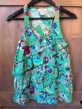 Sundance teal floral tiered ruffle tank with magenta and gold accents